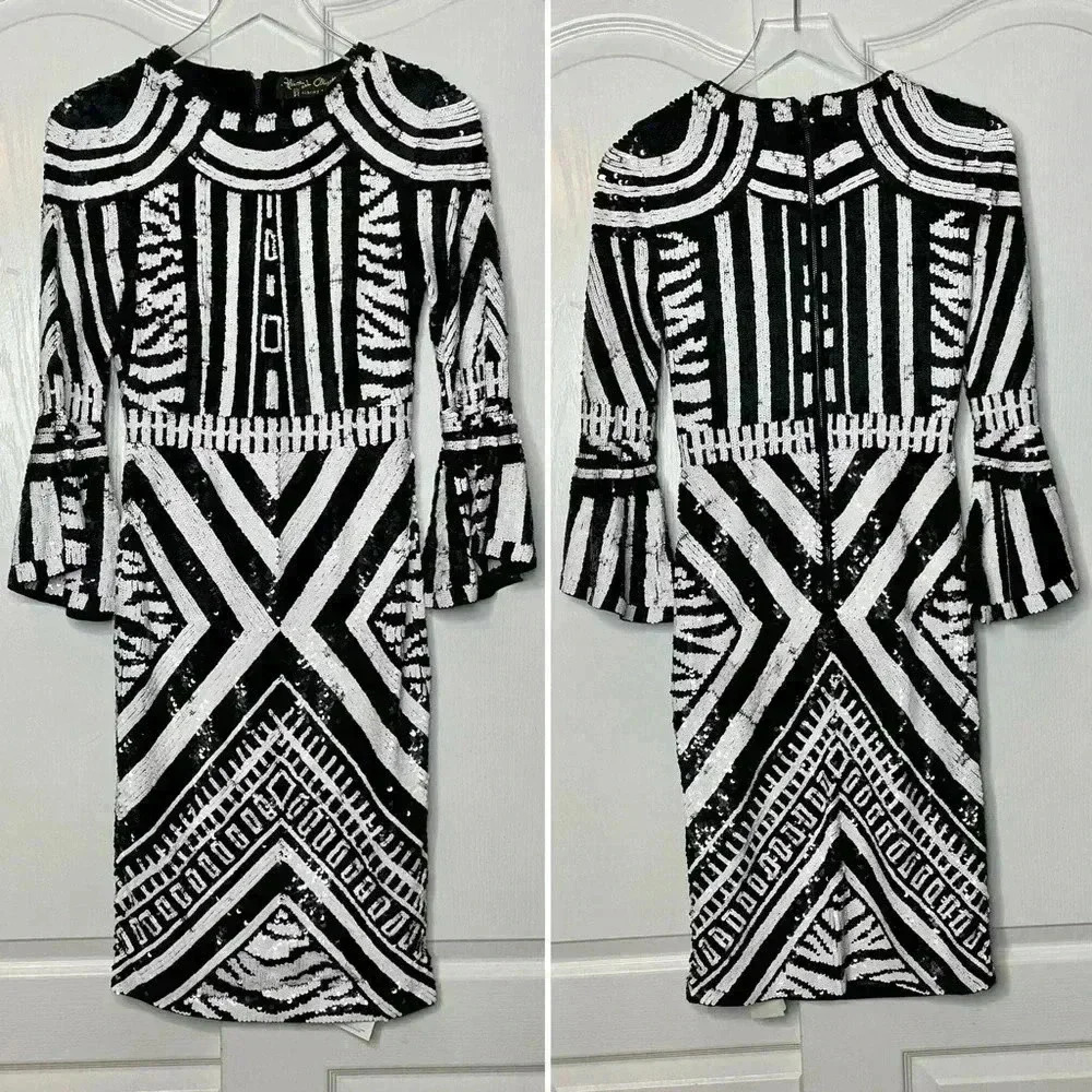 NWT Alice + Olivia Jae Sequin Fitted Cocktail Gown Dress Size 4 Black White - Picture 7 of 14